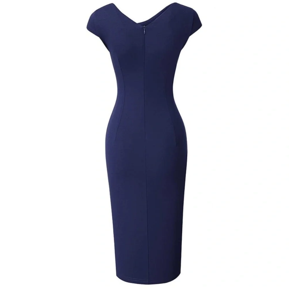 𝅺ELEGANT Front SplitBusiness Formal Vintage Slim Dress B700, Navy Blue - Picture 6 of 8